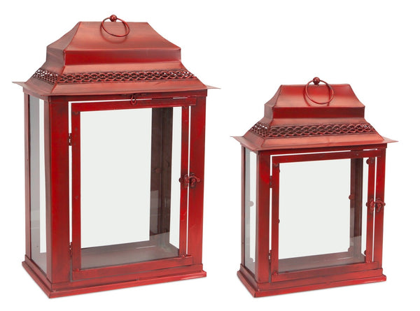 HomeRoots Set of Two Modern Red Geometric Metal & Glass Lantern Candle Holders for Stylish Décor Accents 634849