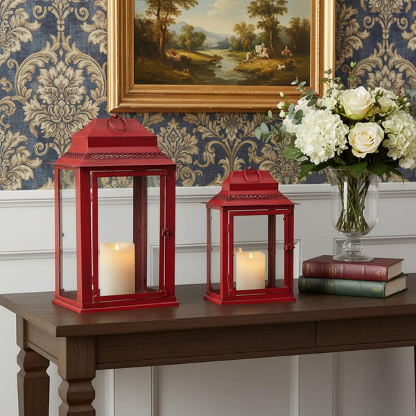 HomeRoots Set of Two Modern Red Geometric Metal & Glass Lantern Candle Holders for Stylish Décor Accents 634849
