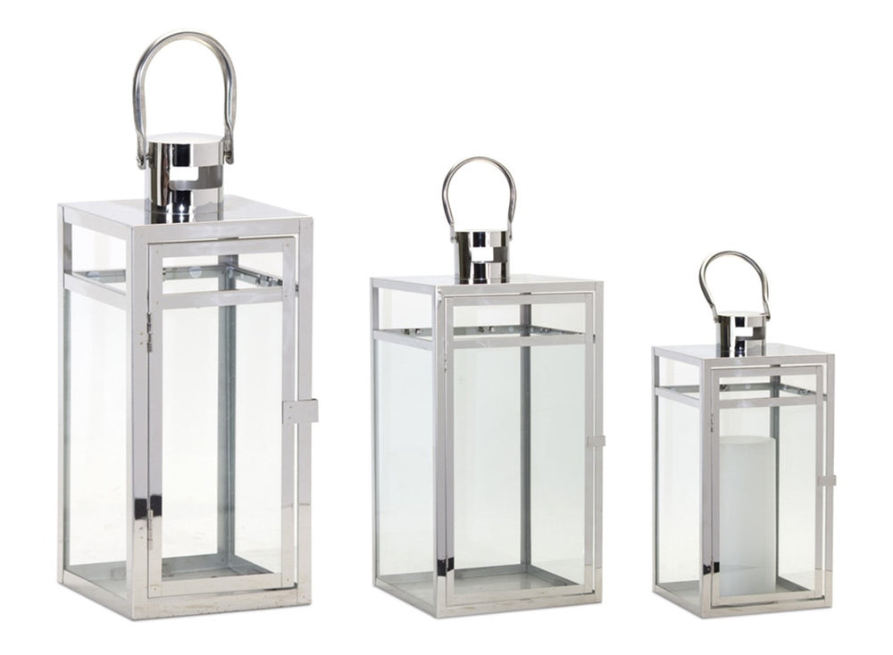 HomeRoots Set of Three Elegant Geometric Stainless Steel & Glass Floor Lanterns - Modern Candle Holders 634852