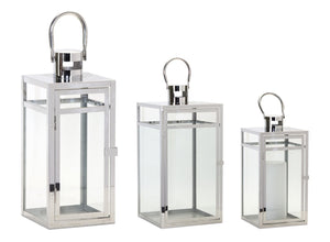 HomeRoots Set of Three Elegant Geometric Stainless Steel & Glass Floor Lanterns - Modern Candle Holders 634852