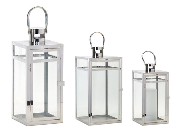 HomeRoots Set of Three Elegant Geometric Stainless Steel & Glass Floor Lanterns - Modern Candle Holders 634852