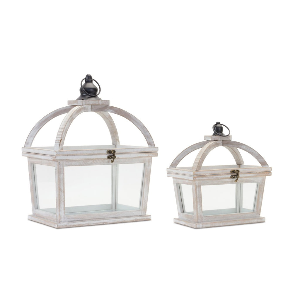 HomeRoots Set of Two Distressed Geometric Glass Lantern Candle Holders for Vintage Home Decor Charm 634857