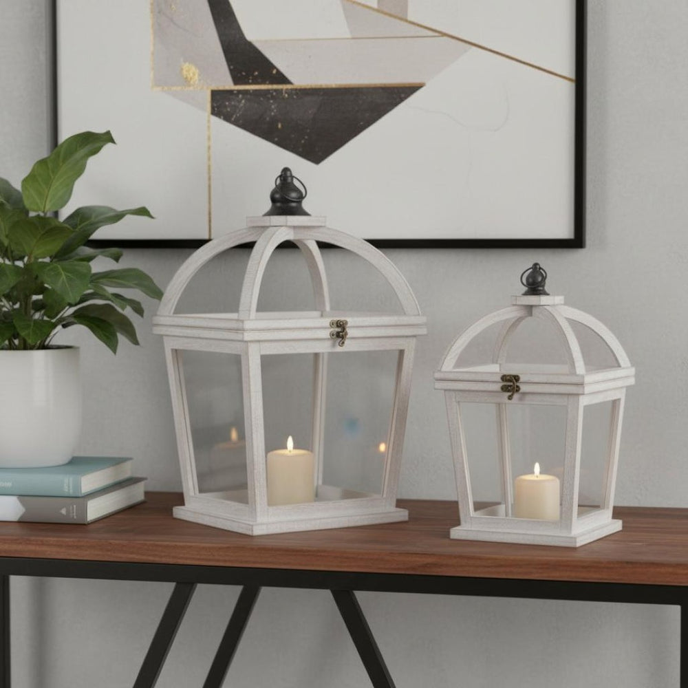 HomeRoots Set of Two Distressed Geometric Glass Lantern Candle Holders for Vintage Home Decor Charm 634857