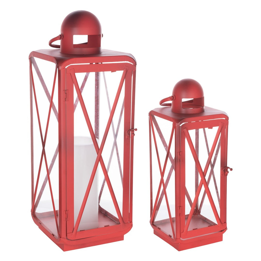 HomeRoots Set of Two Bold Red Geometric Metal Lantern Candle Holders for Stylish Home Décor & Events 634858