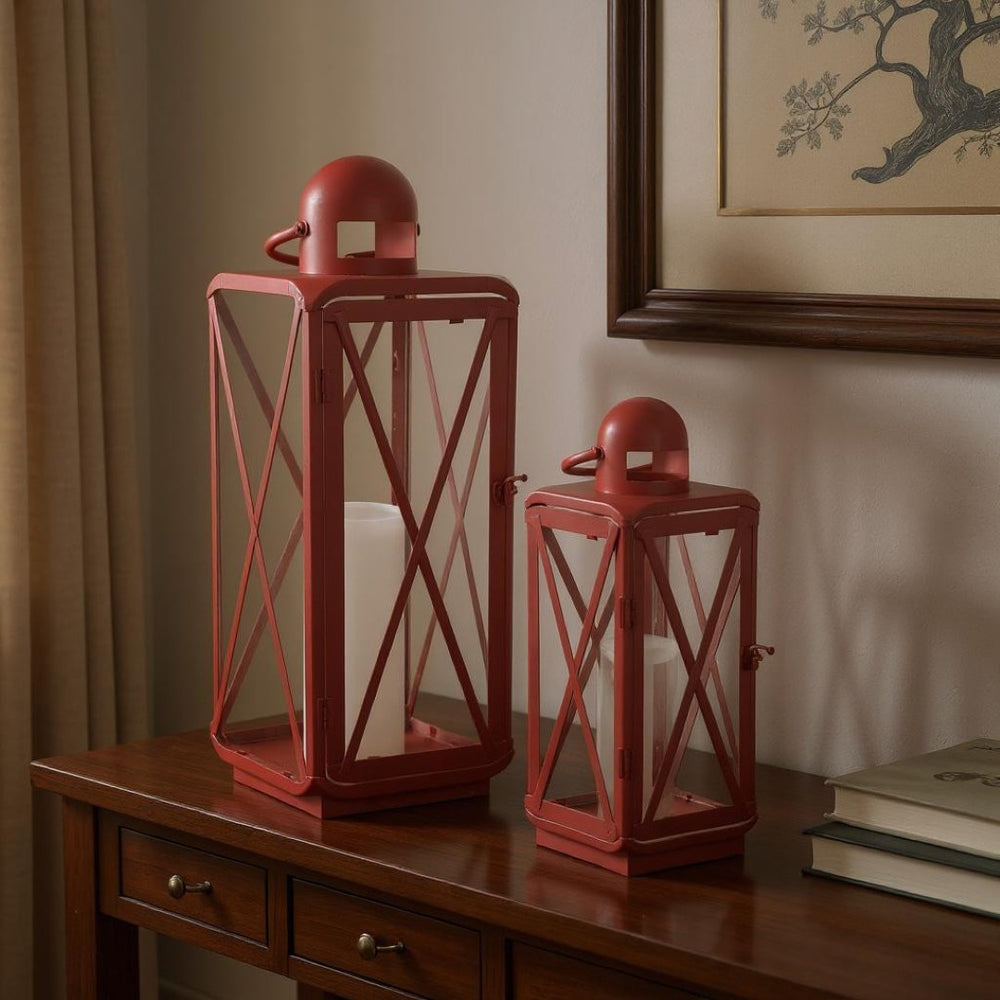 HomeRoots Set of Two Bold Red Geometric Metal Lantern Candle Holders for Stylish Home Décor & Events 634858
