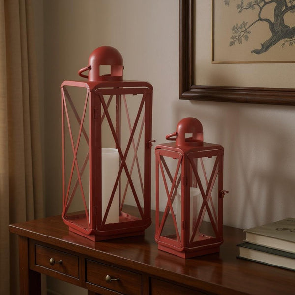 HomeRoots Set of Two Bold Red Geometric Metal Lantern Candle Holders for Stylish Home Décor & Events 634858
