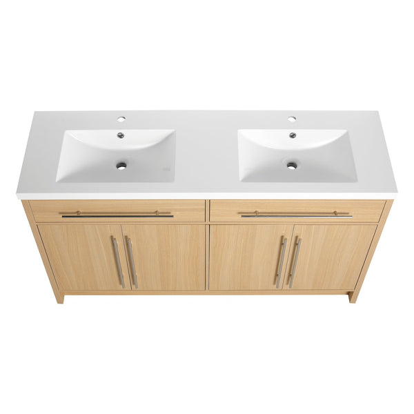 English Elm 60" Freestanding Bathroom Vanity with Dual Resin Sinks, Spacious Soft-Close Cabinet Storage, Durable Finish Oak W1972S00026