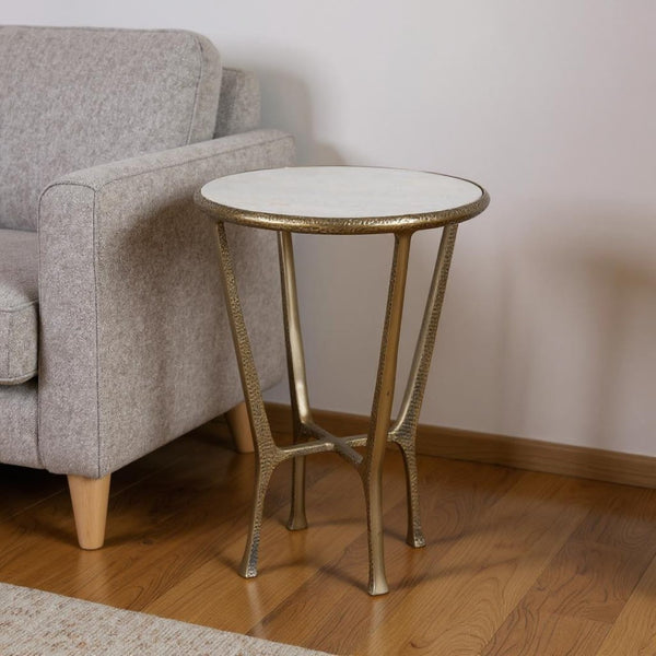 HomeRoots 23" Stylish White Marble and Gold Hammered Aluminum Round End Table for Modern Rustic Spaces 634861