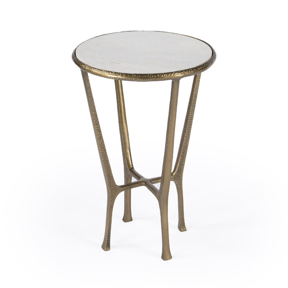 HomeRoots 23" Stylish White Marble and Gold Hammered Aluminum Round End Table for Modern Rustic Spaces 634861