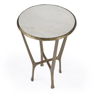 HomeRoots 23" Stylish White Marble and Gold Hammered Aluminum Round End Table for Modern Rustic Spaces 634861
