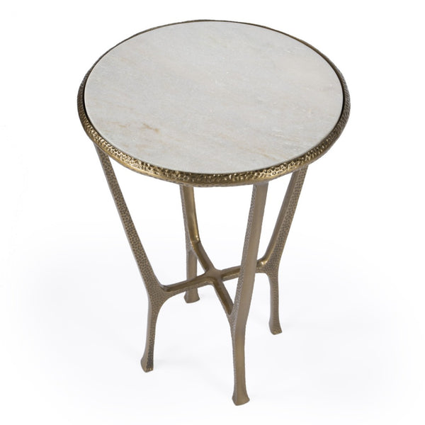 HomeRoots 23" Stylish White Marble and Gold Hammered Aluminum Round End Table for Modern Rustic Spaces 634861
