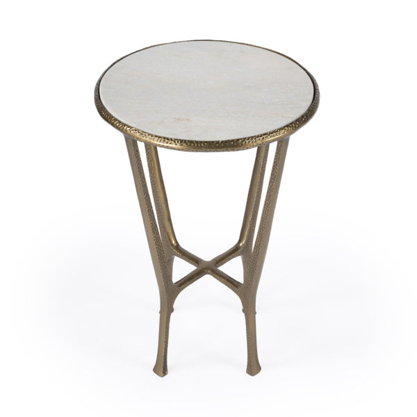 HomeRoots 23" Stylish White Marble and Gold Hammered Aluminum Round End Table for Modern Rustic Spaces 634861