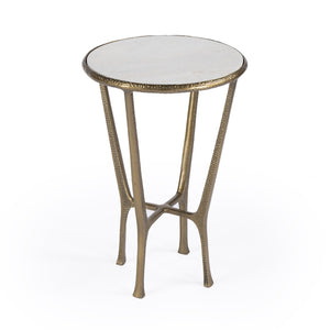 HomeRoots 23" Stylish White Marble and Gold Hammered Aluminum Round End Table for Modern Rustic Spaces 634861