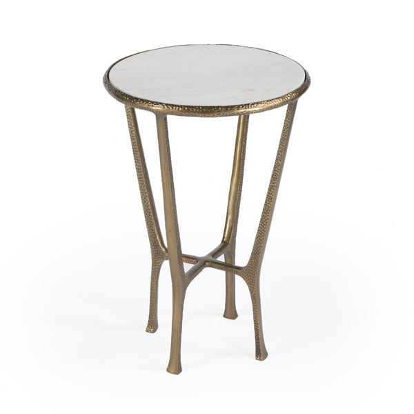 HomeRoots 23" Stylish White Marble and Gold Hammered Aluminum Round End Table for Modern Rustic Spaces 634861