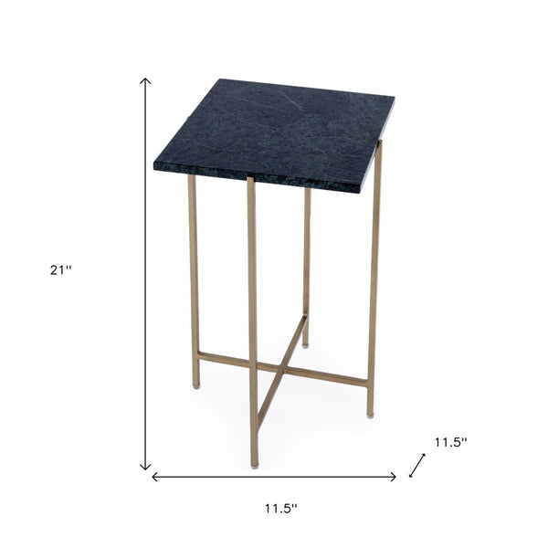 HomeRoots 21" Chic Green Marble & Gold Iron Square End Table - Stylish Accent for Any Room, Fully Assembled! 634866
