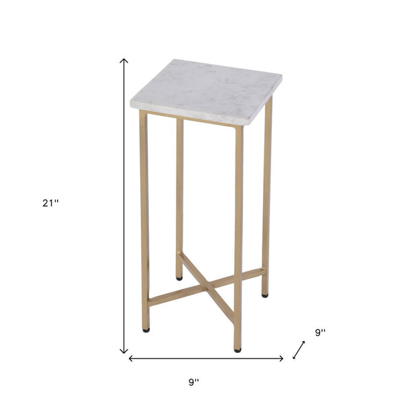 HomeRoots 21" White and Gold Marble Iron Square End Table - Rustic Elegance for Modern Living Spaces 634867