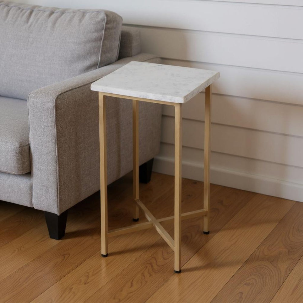 HomeRoots 21" White and Gold Marble Iron Square End Table - Rustic Elegance for Modern Living Spaces 634867