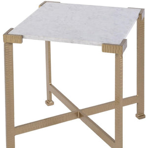 HomeRoots 20" Elegant White Marble and Gold Iron End Table - Distressed Square Accent for Modern Spaces 634868