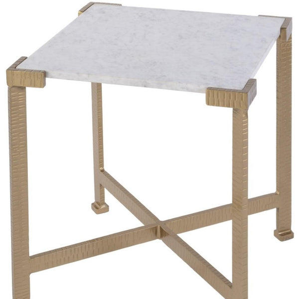 HomeRoots 20" Elegant White Marble and Gold Iron End Table - Distressed Square Accent for Modern Spaces 634868