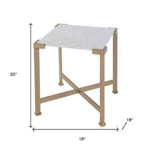 HomeRoots 20" Elegant White Marble and Gold Iron End Table - Distressed Square Accent for Modern Spaces 634868