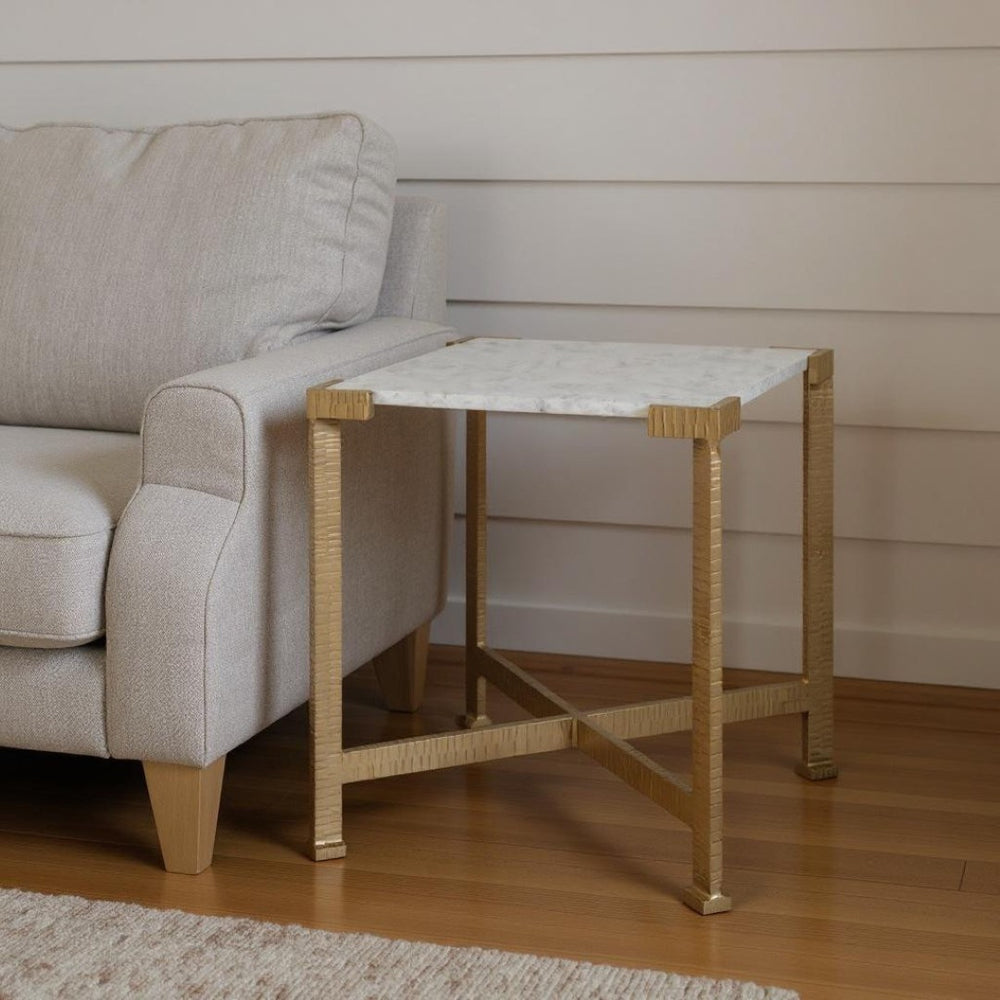 HomeRoots 20" Elegant White Marble and Gold Iron End Table - Distressed Square Accent for Modern Spaces 634868