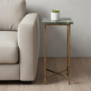 HomeRoots 21" Green Marble End Table with Gold Iron Base - Elegant, Compact Design for Living Spaces & More 634879