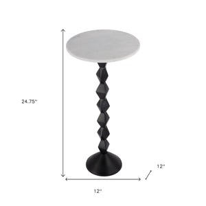 HomeRoots 25" Chic White Marble & Black Aluminum Round Pedestal End Table - Modern Accent for Any Space 634880