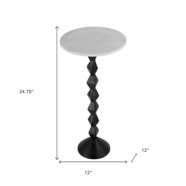 HomeRoots 25" Chic White Marble & Black Aluminum Round Pedestal End Table - Modern Accent for Any Space 634880