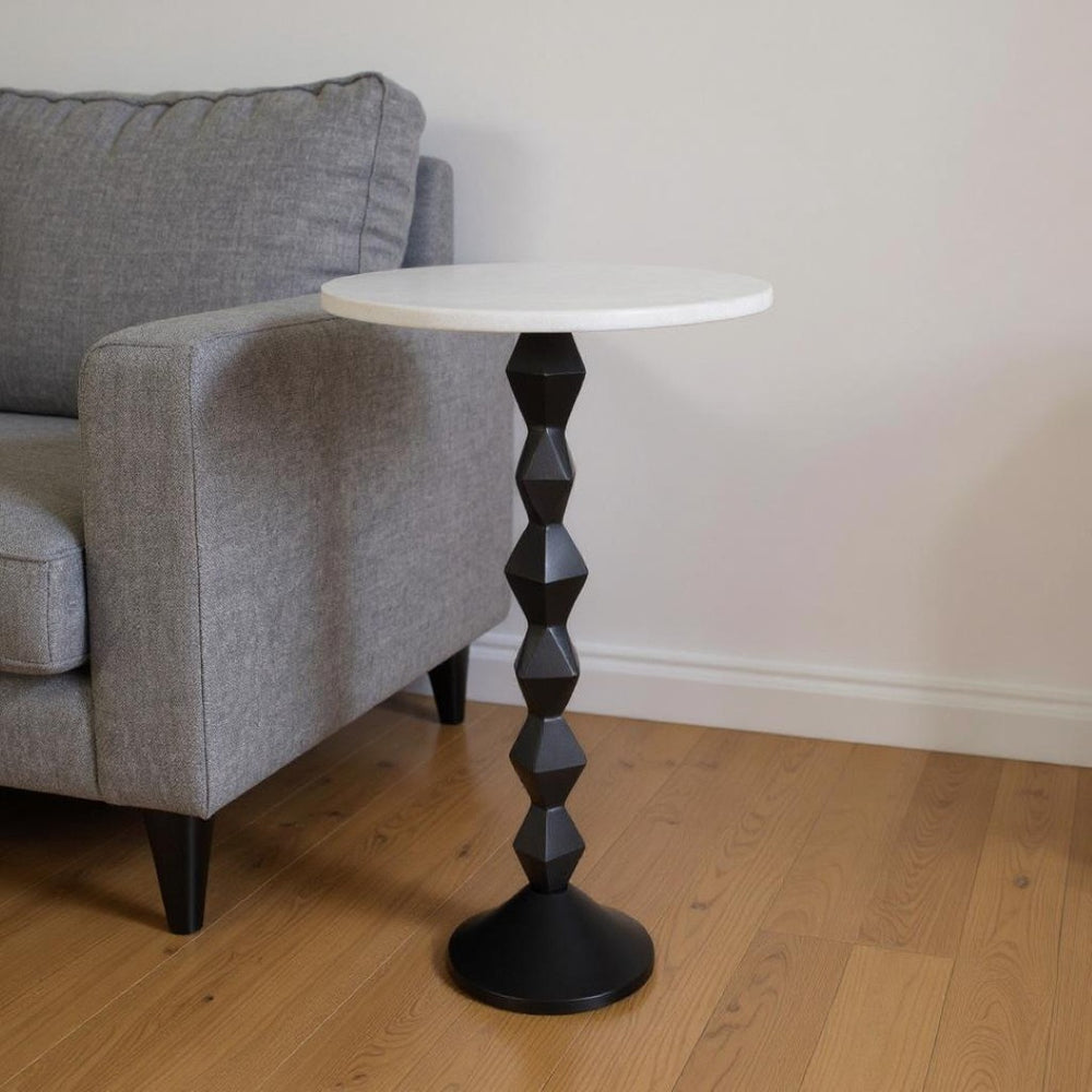 HomeRoots 25" Chic White Marble & Black Aluminum Round Pedestal End Table - Modern Accent for Any Space 634880