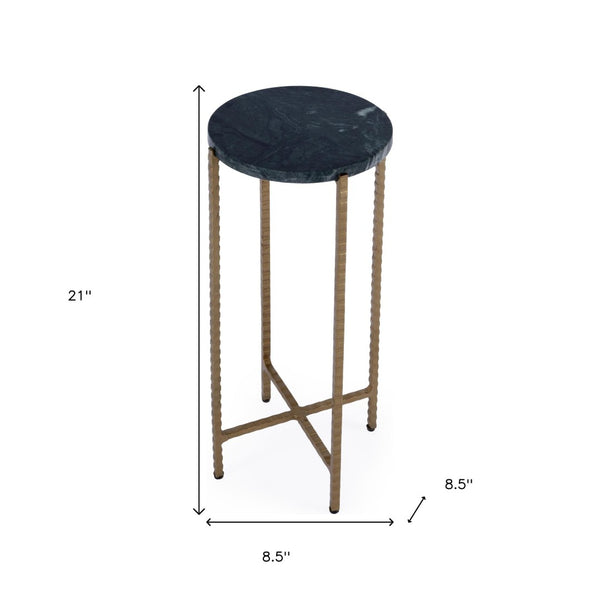 HomeRoots 21" Green Marble Round End Table with Antiqued Gold Iron Base – Elegant Accent for Small Spaces 634881