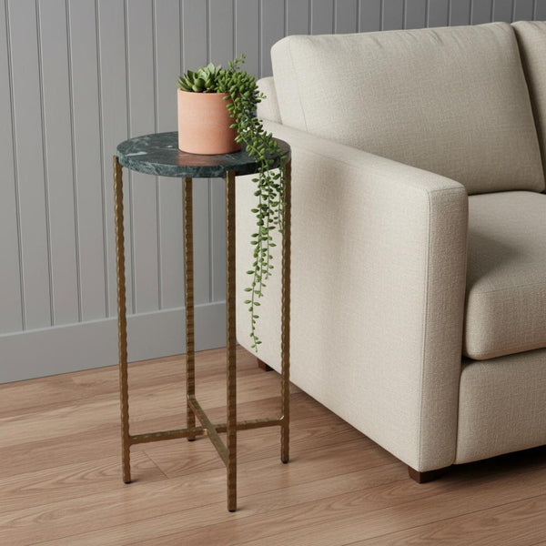 HomeRoots 21" Green Marble Round End Table with Antiqued Gold Iron Base – Elegant Accent for Small Spaces 634881