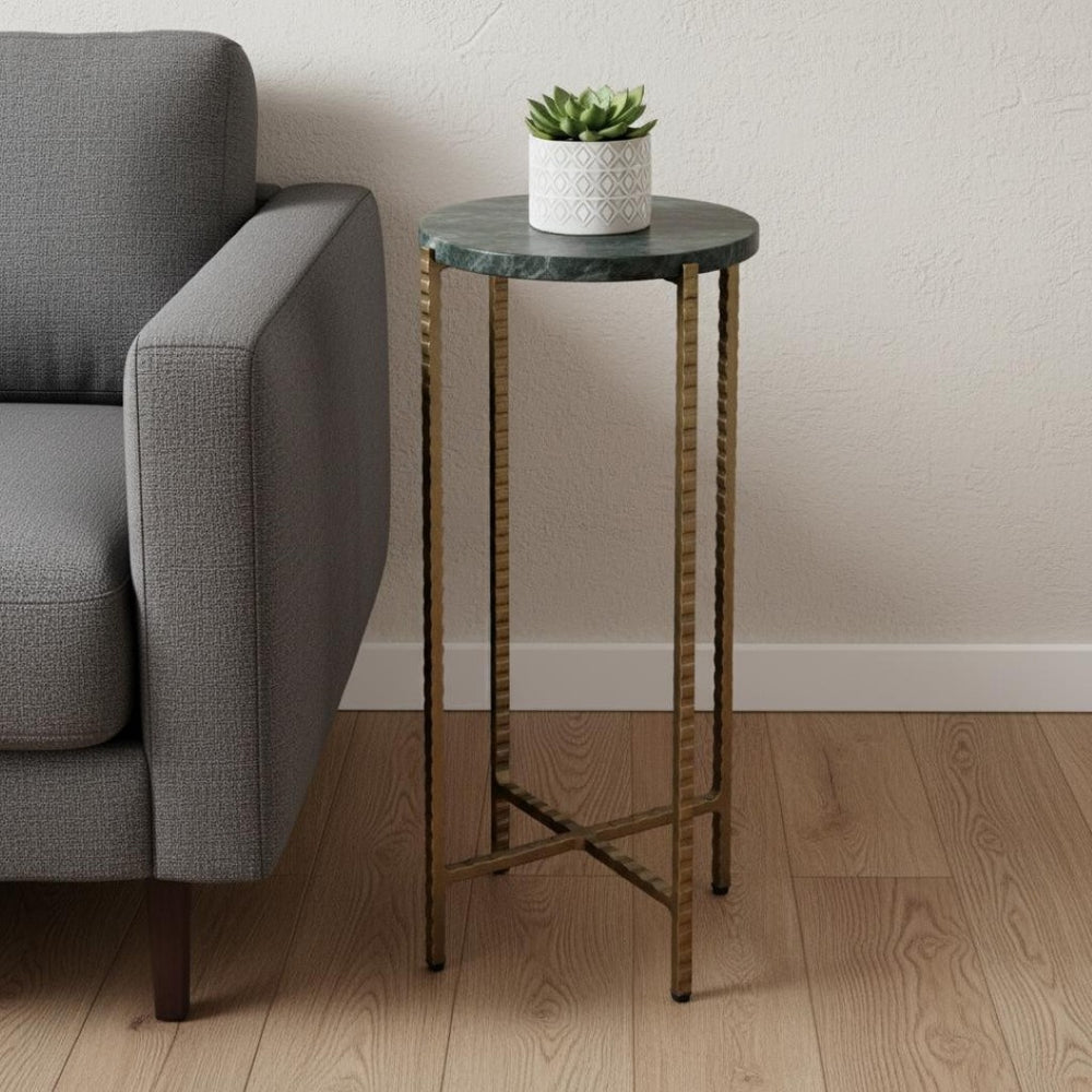 HomeRoots 21" Green Marble Round End Table with Antiqued Gold Iron Base – Elegant Accent for Small Spaces 634881