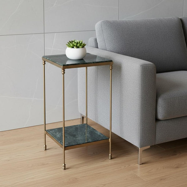 HomeRoots 24" Green Marble and Gold Iron Square End Table – Elegant Storage Solution for Modern Spaces 634882