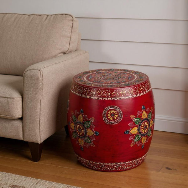 HomeRoots 18" Hand-Painted Floral Iron Drum End Table - Colorful, Artisan Charm for Living Spaces & Small Areas 634883