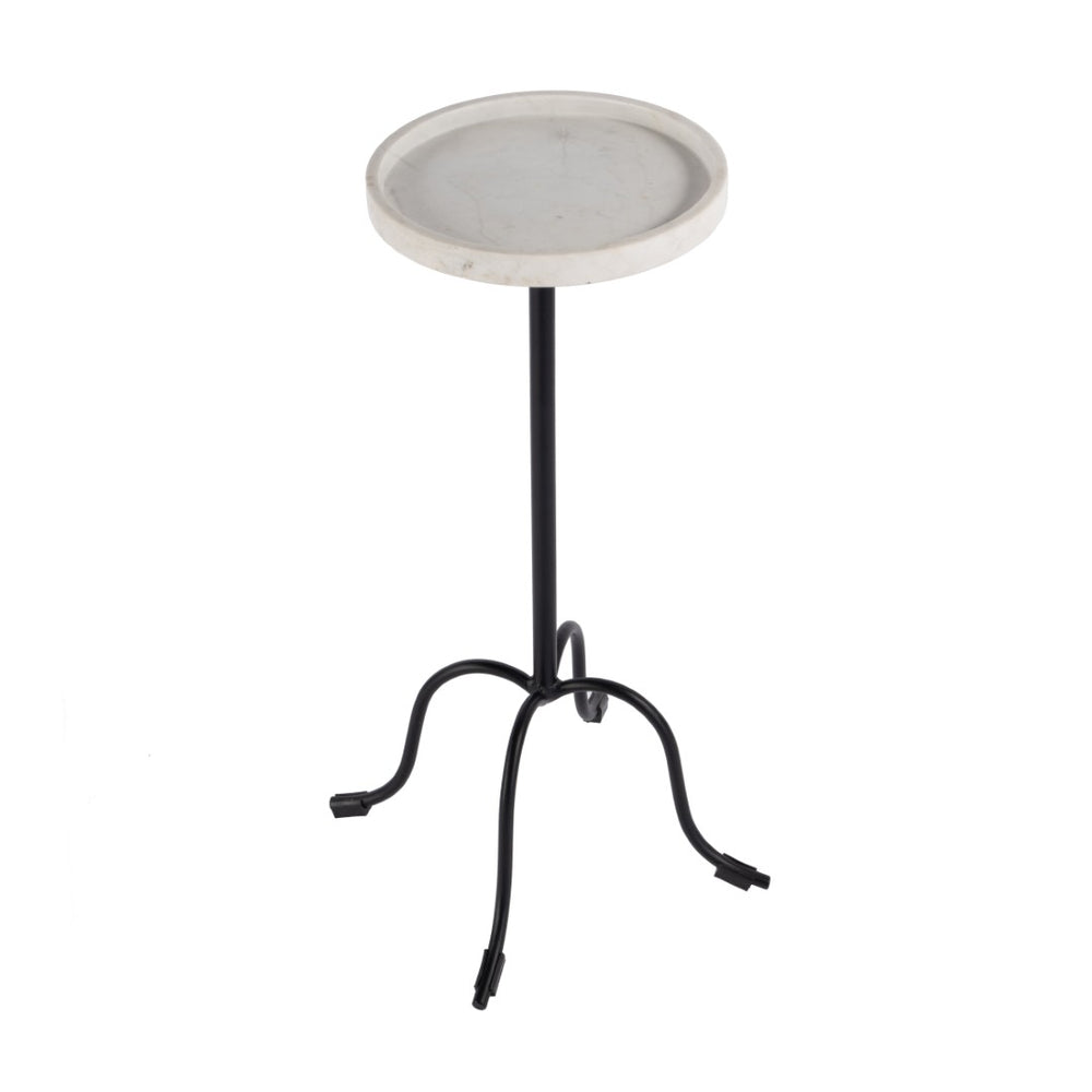 HomeRoots 25" Elegant White Marble and Black Iron Round Pedestal End Table – Perfect Accent for Any Space! 634884
