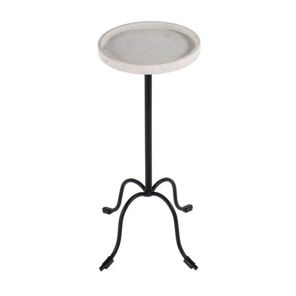 HomeRoots 25" Elegant White Marble and Black Iron Round Pedestal End Table – Perfect Accent for Any Space! 634884
