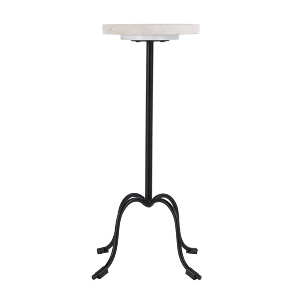 HomeRoots 25" Elegant White Marble and Black Iron Round Pedestal End Table – Perfect Accent for Any Space! 634884