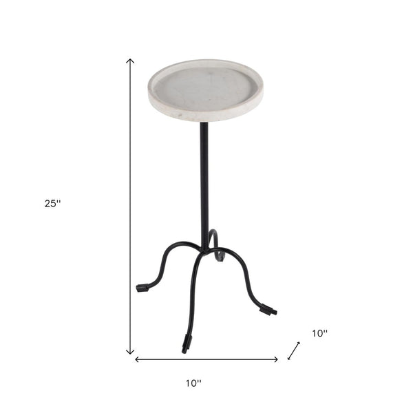 HomeRoots 25" Elegant White Marble and Black Iron Round Pedestal End Table – Perfect Accent for Any Space! 634884