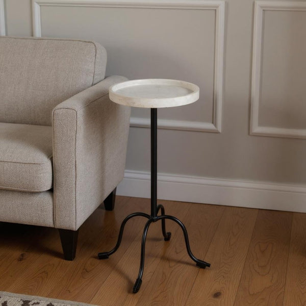 HomeRoots 25" Elegant White Marble and Black Iron Round Pedestal End Table – Perfect Accent for Any Space! 634884