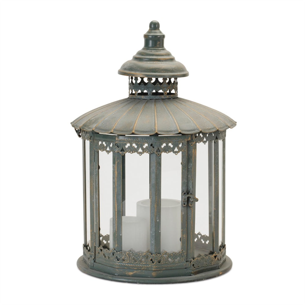 HomeRoots 20" Gray Distressed Geometric Metal and Glass Lantern - Stylish Centerpiece for Modern Decor and Events 634909