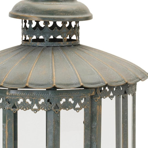 HomeRoots 20" Gray Distressed Geometric Metal and Glass Lantern - Stylish Centerpiece for Modern Decor and Events 634909