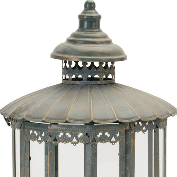HomeRoots 20" Gray Distressed Geometric Metal and Glass Lantern - Stylish Centerpiece for Modern Decor and Events 634909