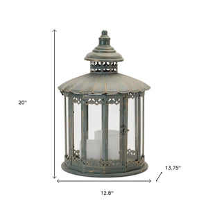HomeRoots 20" Gray Distressed Geometric Metal and Glass Lantern - Stylish Centerpiece for Modern Decor and Events 634909