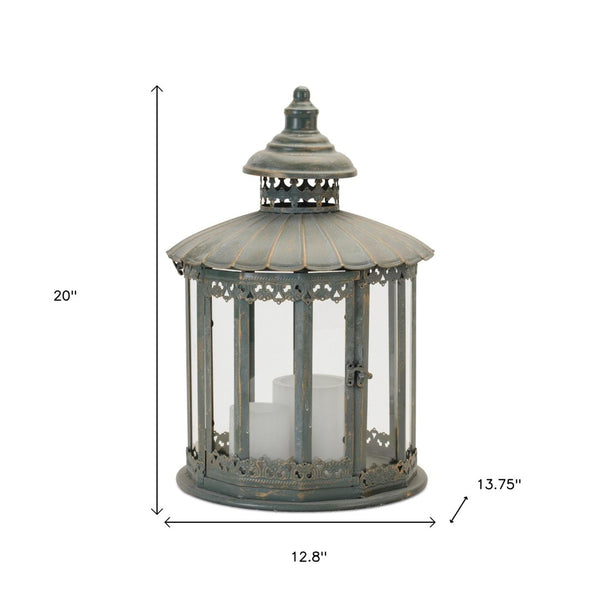 HomeRoots 20" Gray Distressed Geometric Metal and Glass Lantern - Stylish Centerpiece for Modern Decor and Events 634909