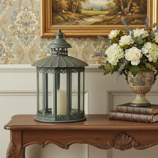 HomeRoots 20" Gray Distressed Geometric Metal and Glass Lantern - Stylish Centerpiece for Modern Decor and Events 634909