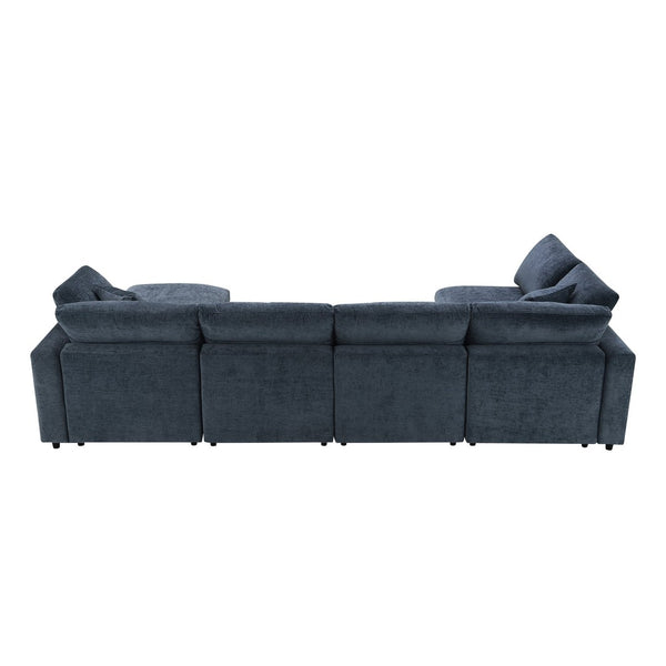 English Elm [new Sku] Chenille Modular Sectional Sleeper Sofa with Ottoman Six Seat U Shape Living Room Dark Blue N723S8583K