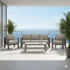 English Elm All-weather Outdoor 4 Piece Iron Conversation Set with Olefin Cushions and Wood Grain Table Beige B082S00103