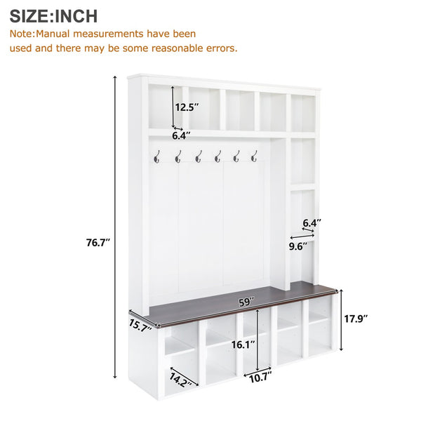 English Elm On-Trend Farmhouse Wooden Hall Tree With 6 Hooks, 4-In-1 Storage Bench & Adjustable Shelves, White N721S000044K-GIGA
