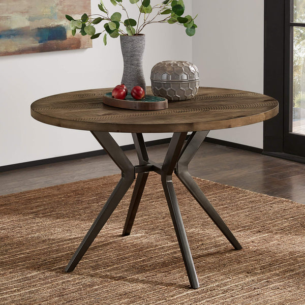 Krista 45 Inch Round Pine Veneer Dining Table with Metal Base Seats Four People