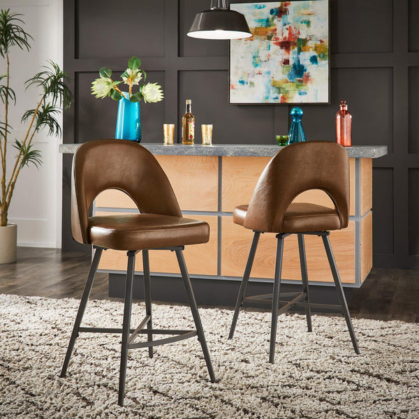 Kryston Retro Swivel Counterstools Set of Two with Cutout Back and Foam Cushion Seat